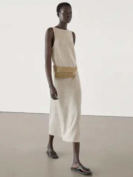 Massimo Dutti Платье миди из 100% хлопка из крученой нити, зеленоватый
