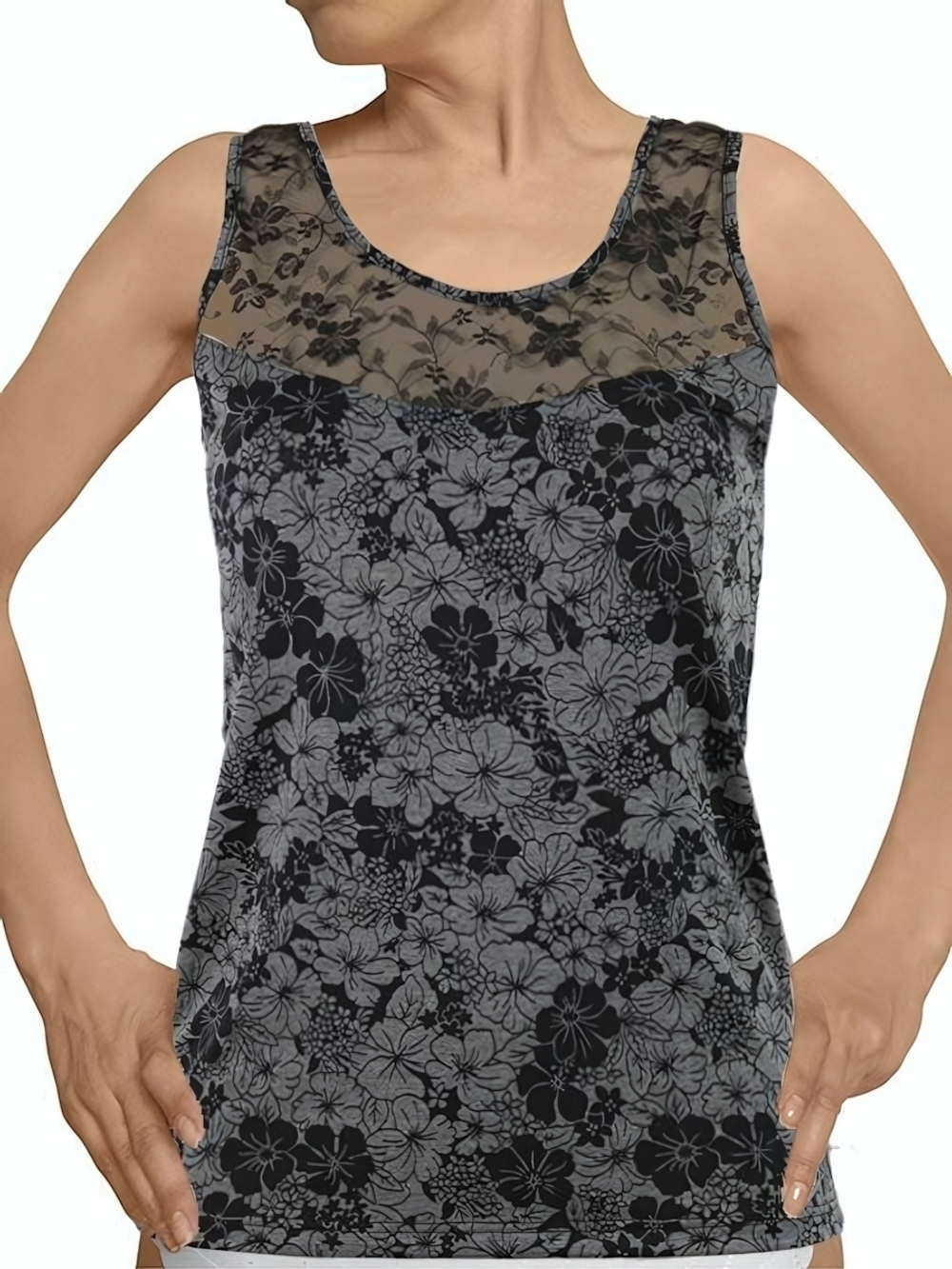 Женская майка на широких бретелях с цветочным принтом (Размер: XXXL) (Цвет: черный)