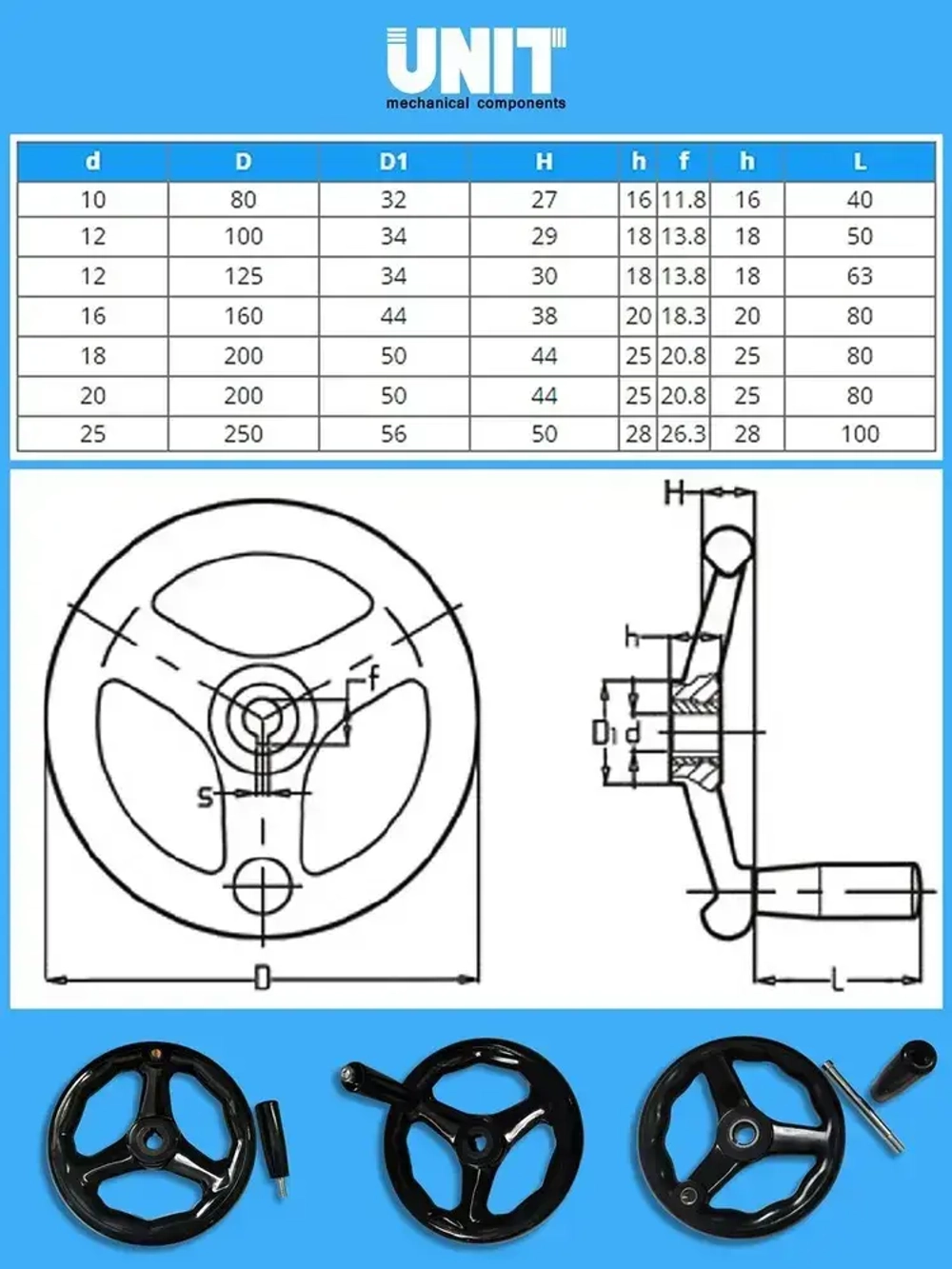 Маховик бакелитовый UnitMC с ручкой 100301.3 125х12