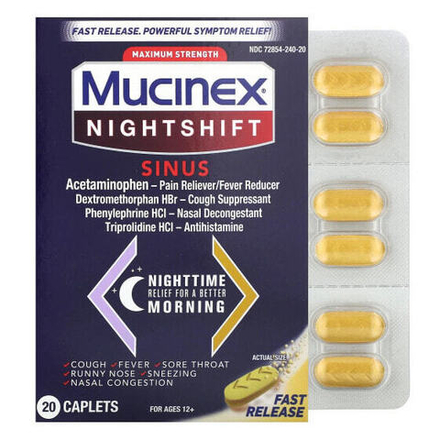 От аллергии Mucinex, Night Shift, средство для носа, максимальная сила действия, для детей от 12 лет, 20 капсул