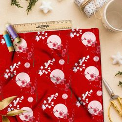 Ткань мембрана цветущая сакура на фоне полной луны и красного неба