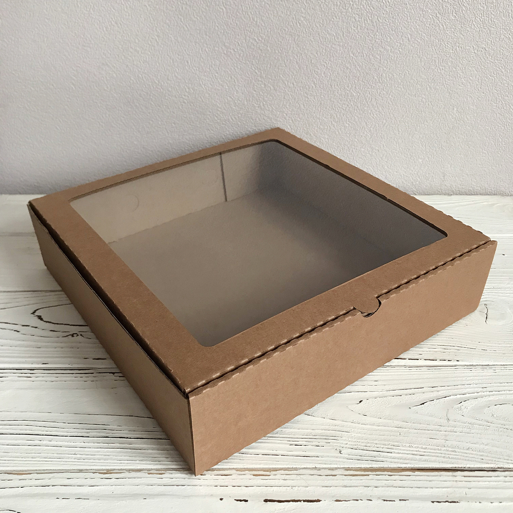 Коробка 28х28х7 см с окном, бурая