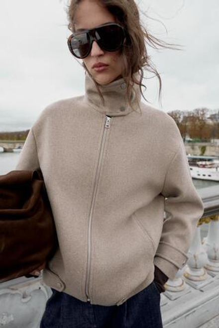 ZARA БОМБЕР ИЗ ШЕРСТИ С ВЫСОКИМ ВОРОТНИКОМ, СВЕТЛЫЙ СЕРО-КОРИЧНЕВЫЙ