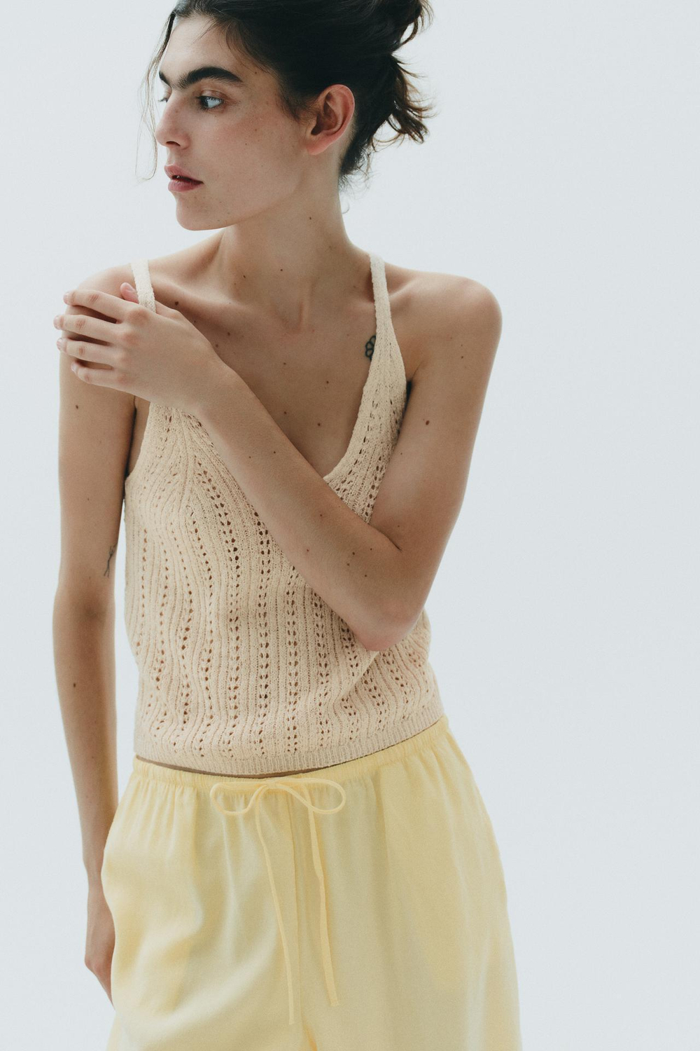 ZARA ТОП АЖУРНОЙ ВЯЗКИ, СВЕТЛО-БЕЖЕВЫЙ