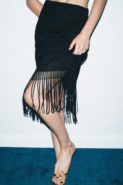 ZARA ЮБКА С БАХРОМОЙ И ЛЕНТАМИ, ЧЕРНЫЙ