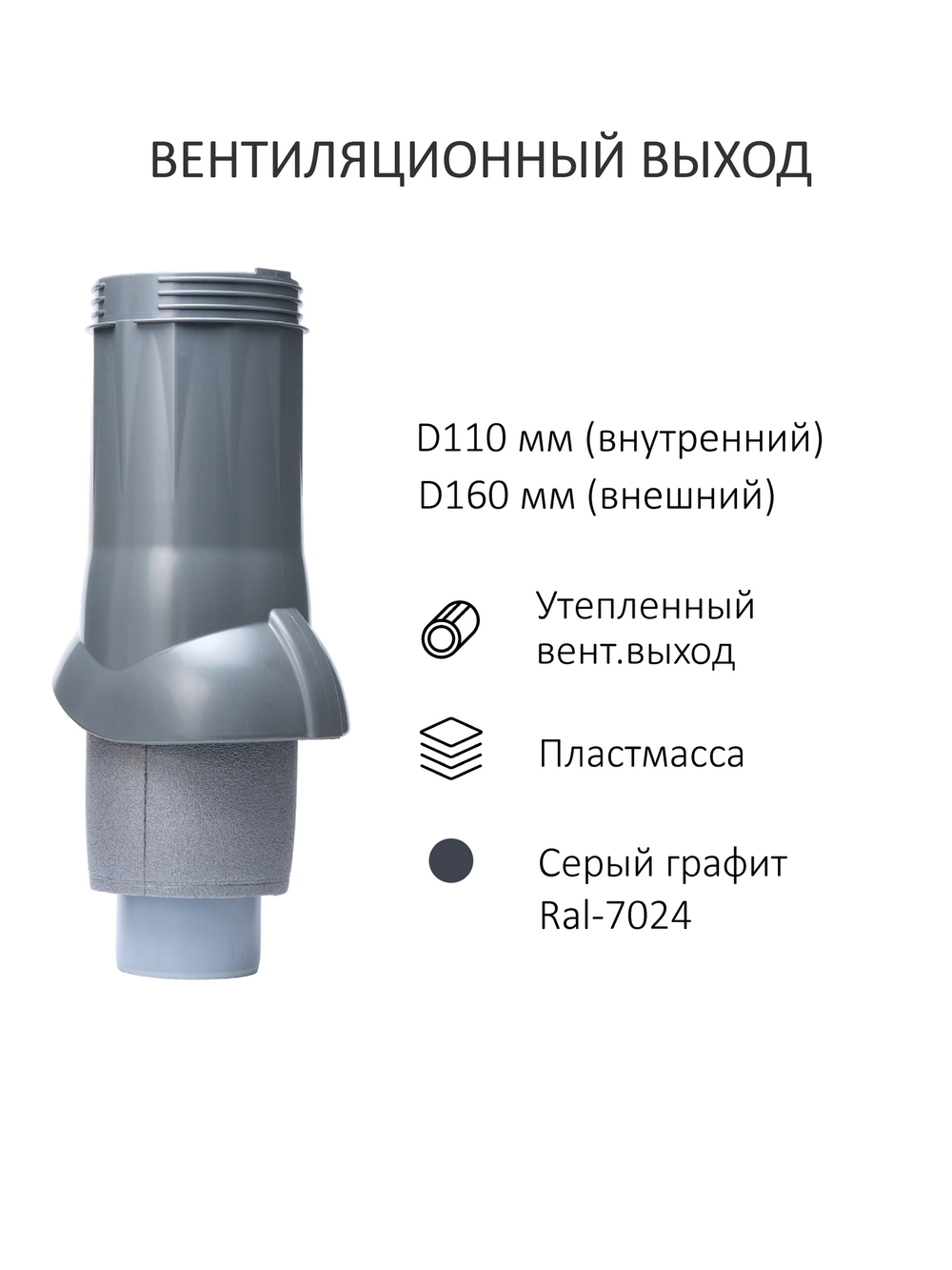 Комплект активной вентиляции: Вентиляционный выход изолированный D 110/160 мм высота H-500 серия Static, проходной элемент кровли битумные и гибкие черепицы под монтаж серия Static, ротационная вентиляционная турбина D 160 мм серия Twister, серый-графит Gervent
