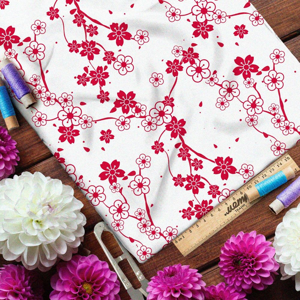 Ткань блэкаут цветущая сакура на бежевом фоне