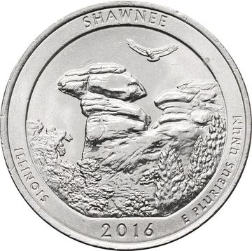 25 центов (1/4 доллара, квотер) 2016 США «Национальный лес Шоуни» (P) (31-й парк)