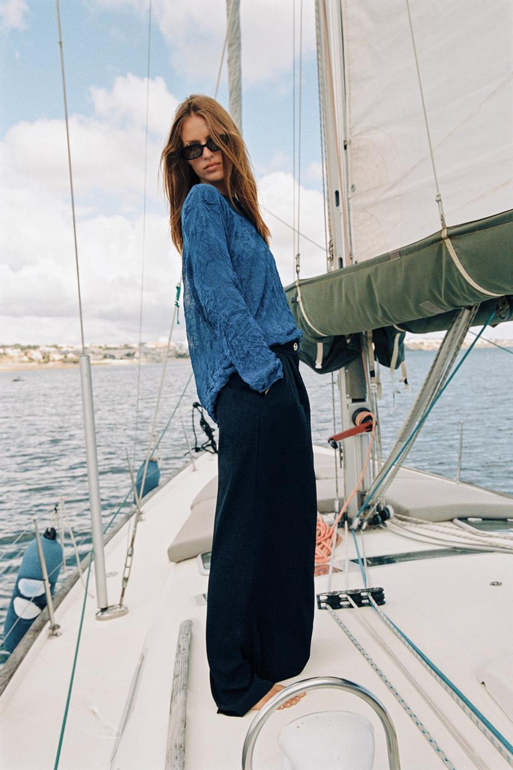 ZARA БРЮКИ ПАЛАЦЦО С ЗОЛОТИСТОЙ ПУГОВИЦЕЙ, МОРСКОЙ СИНИЙ