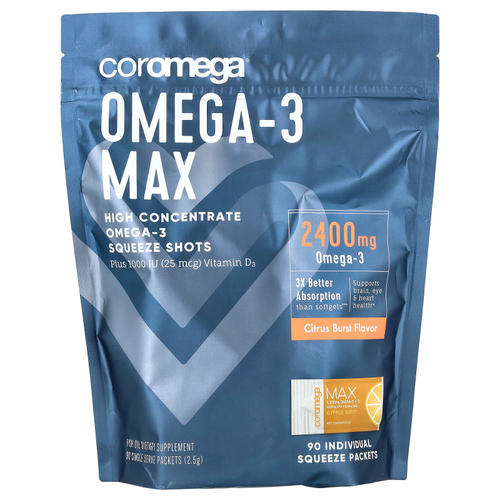 Coromega, Omega-3 Max, высококонцентрированные капсулы с омега-3, цитрусовые, 90 порционных пакетиков, по 2,5 г