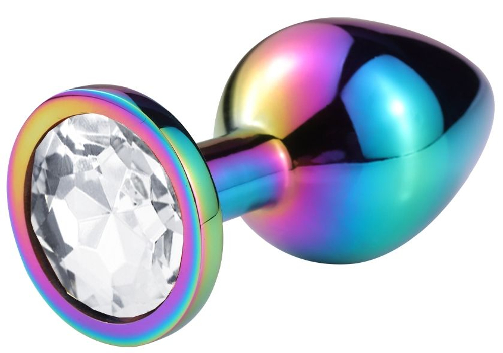 Разноцветная гладкая анальная пробка с прозрачным кристаллом - 9,5 см. (Цвет: прозрачный)