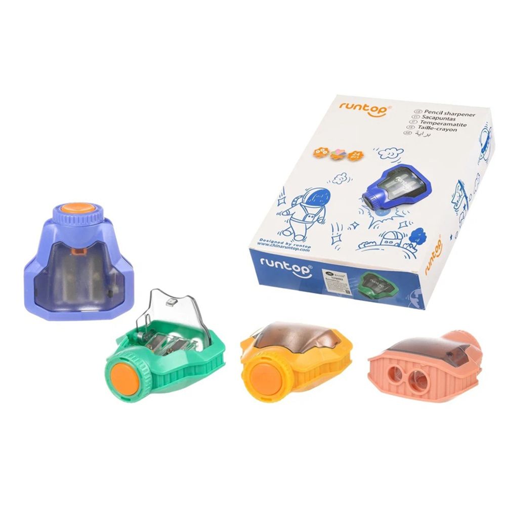 Точилка RunTop, двойная, с контейнером, серия "Космос", 4 цвета корпуса, с крышкой на кнопке, 5.5 см