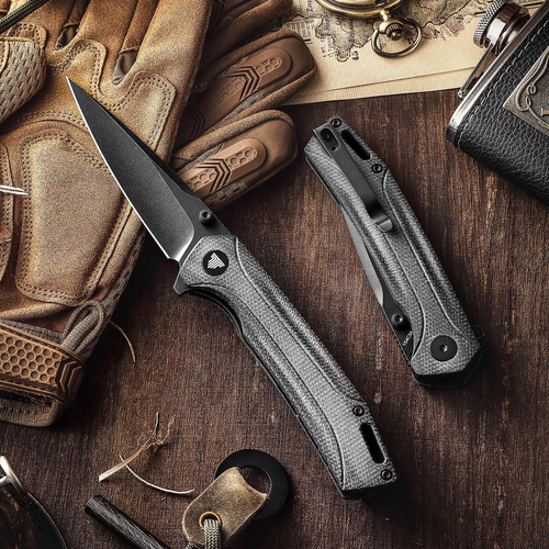 Складной туристический нож TRIVISA Volans-04B клинок 154CM рукоять микарта (черный-черный)