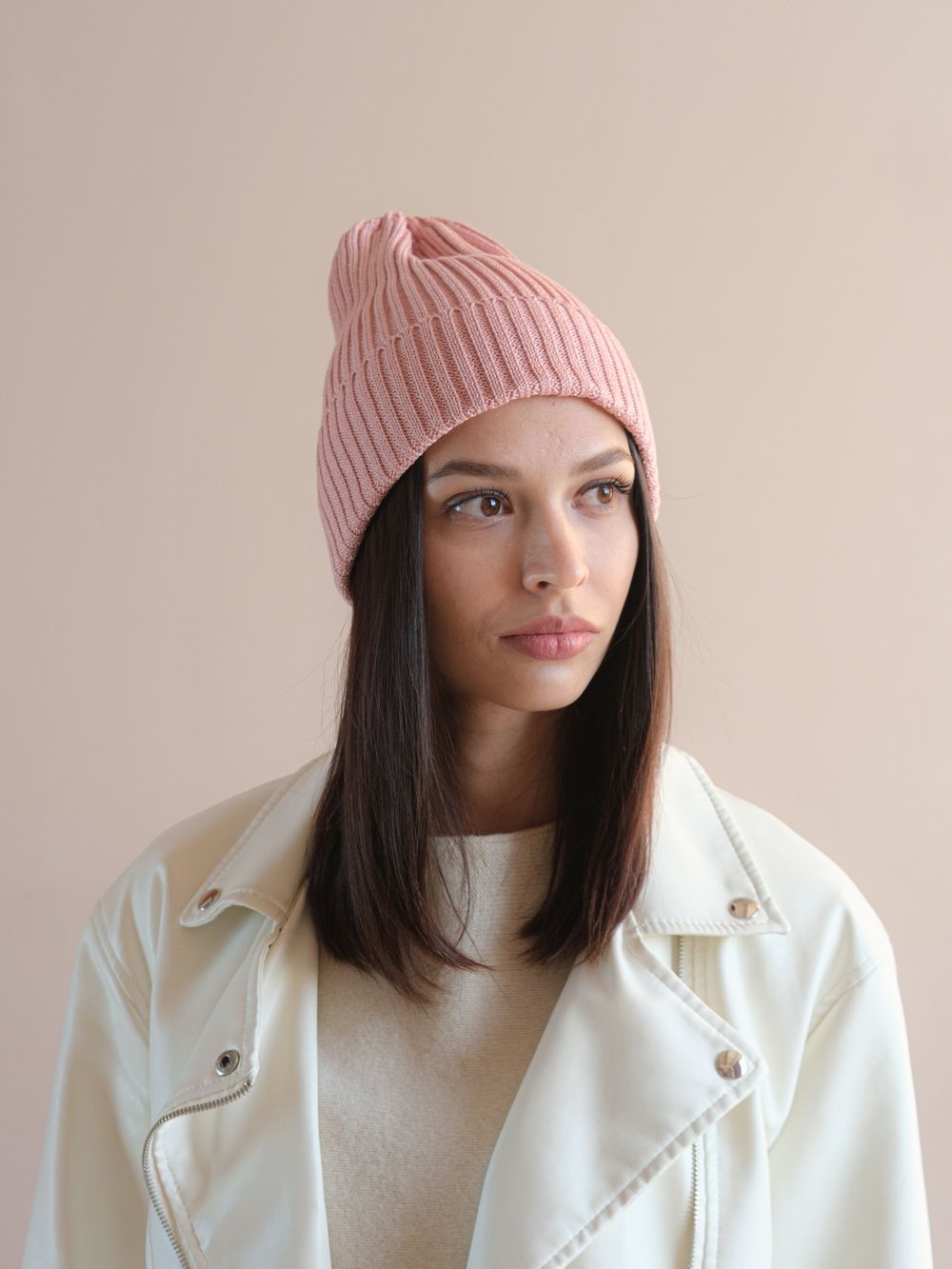 Шапка вязаная-резинка весенняя/осенняя хлопковая КЭП(Розовый персик)