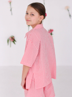 Костюм из варёного хлопка, рубашка и шорты "Розовая клеточка"