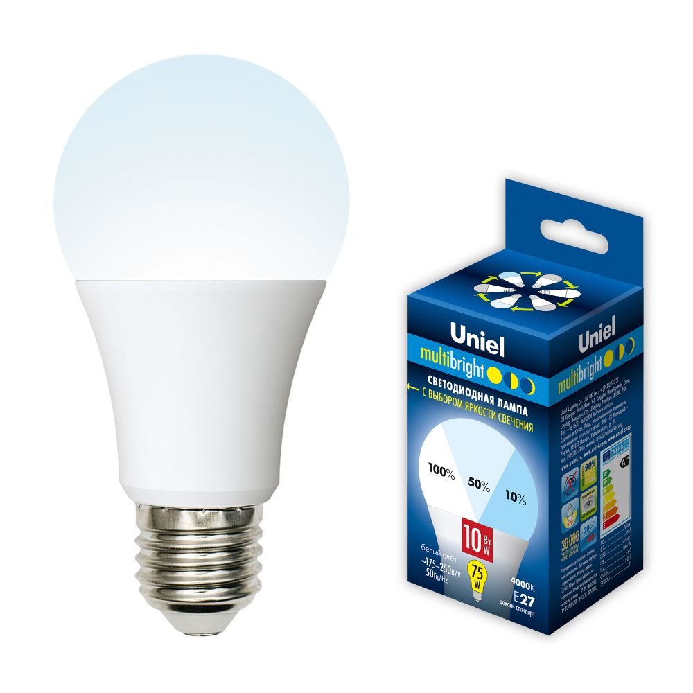 LED-A60-10W-NW-E27-FR-MB PLM11WH Лампа светодиодная. Форма А. матовая. Серия Multibright. Белый свет 4000K. 100-50-10. Картон. ТМ Uniel.