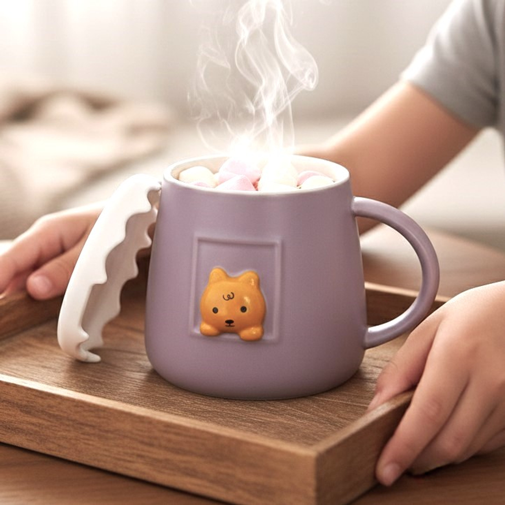 Керамическая кружка с крышкой, зеленый/фиолетовый, 400 мл