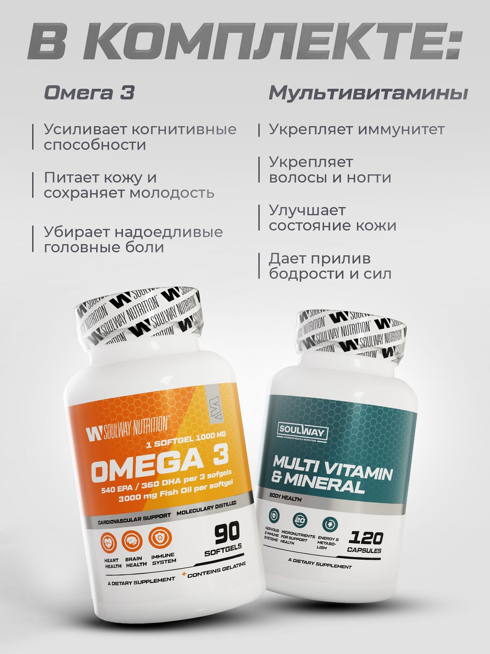 Полный набор для наращивания мышечной массы Креатин + Протеин + Мультивитамины +Омега 3 + BCAA
