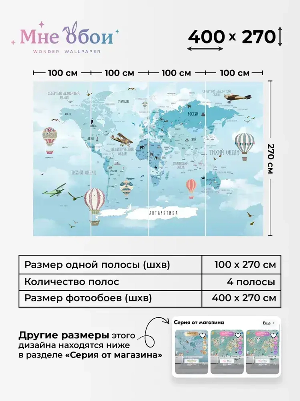 Фотообои детские флизелиновые на стену 3D "Карта мира с самолетами и шарами" 400х270 (ШхВ), 3д обои в детскую