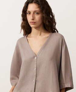 Oysho Рубашка с коротким рукавом из 100% льна, серо-коричневый