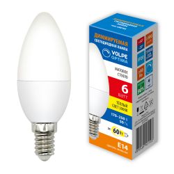 LED-C37-6W-3000K-E14-FR-DIM-SLS Лампа светодиодная. диммируемая. Форма свеча. матовая. Теплый белый свет 3000K. ТМ Volpe