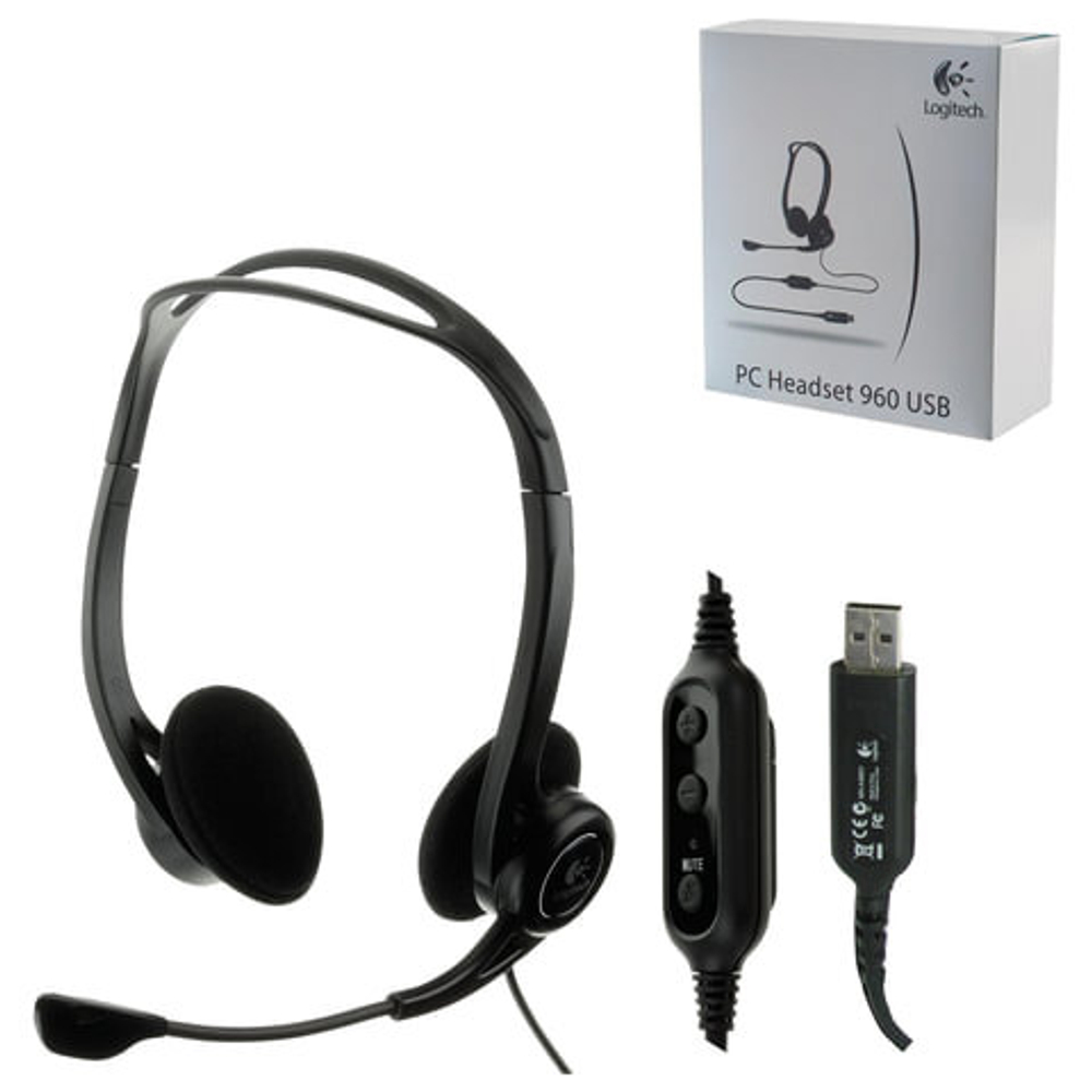Наушники с микрофоном (гарнитура) LOGITECH PC 960, проводная, компьютерная, 2,4 м, стерео, USB, черная.