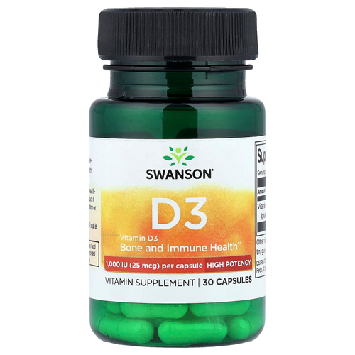 Swanson Vitamins, витамин D3, высокоактивный, 25 мкг (1000 МЕ), 30 капсул