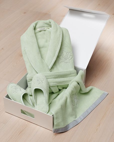 LILIUM  Зеленый махровый женский халат, полотенце и тапочки Soft Cotton (Турция)