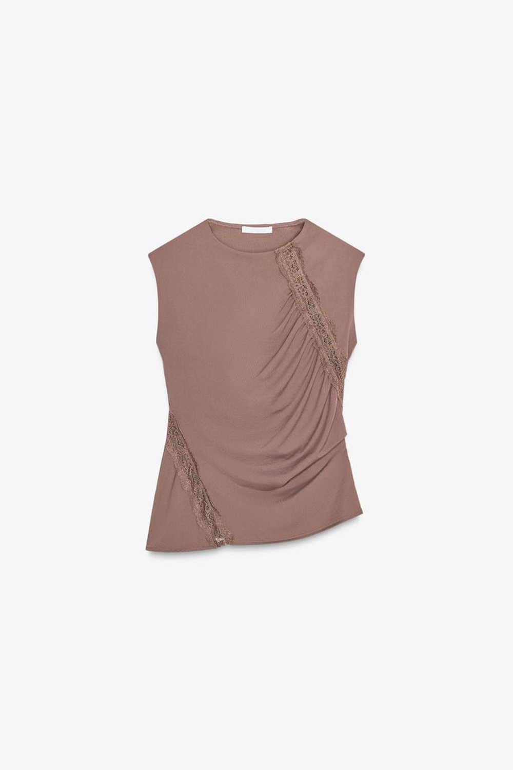 ZARA ТОП ИЗ ПОЛИАМИДА С КРУЖЕВОМ, КОРИЧНЕВЫЙ