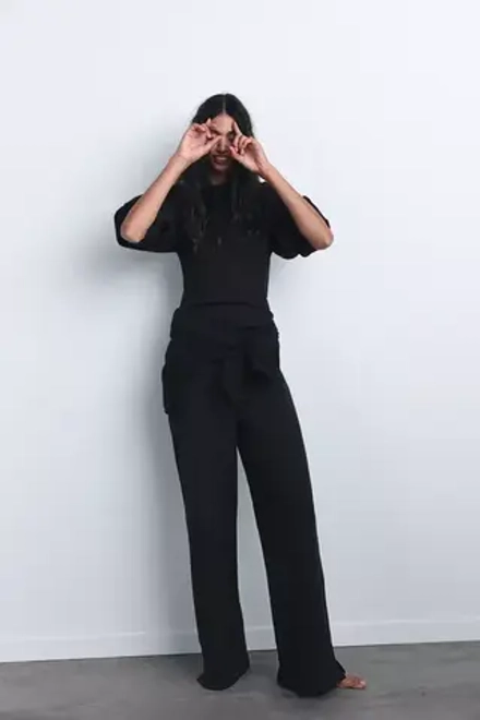 ZARA БРЮКИ ИЗ ИНТЕРЛОКА С РАЗРЕЗАМИ, ЧЕРНЫЙ