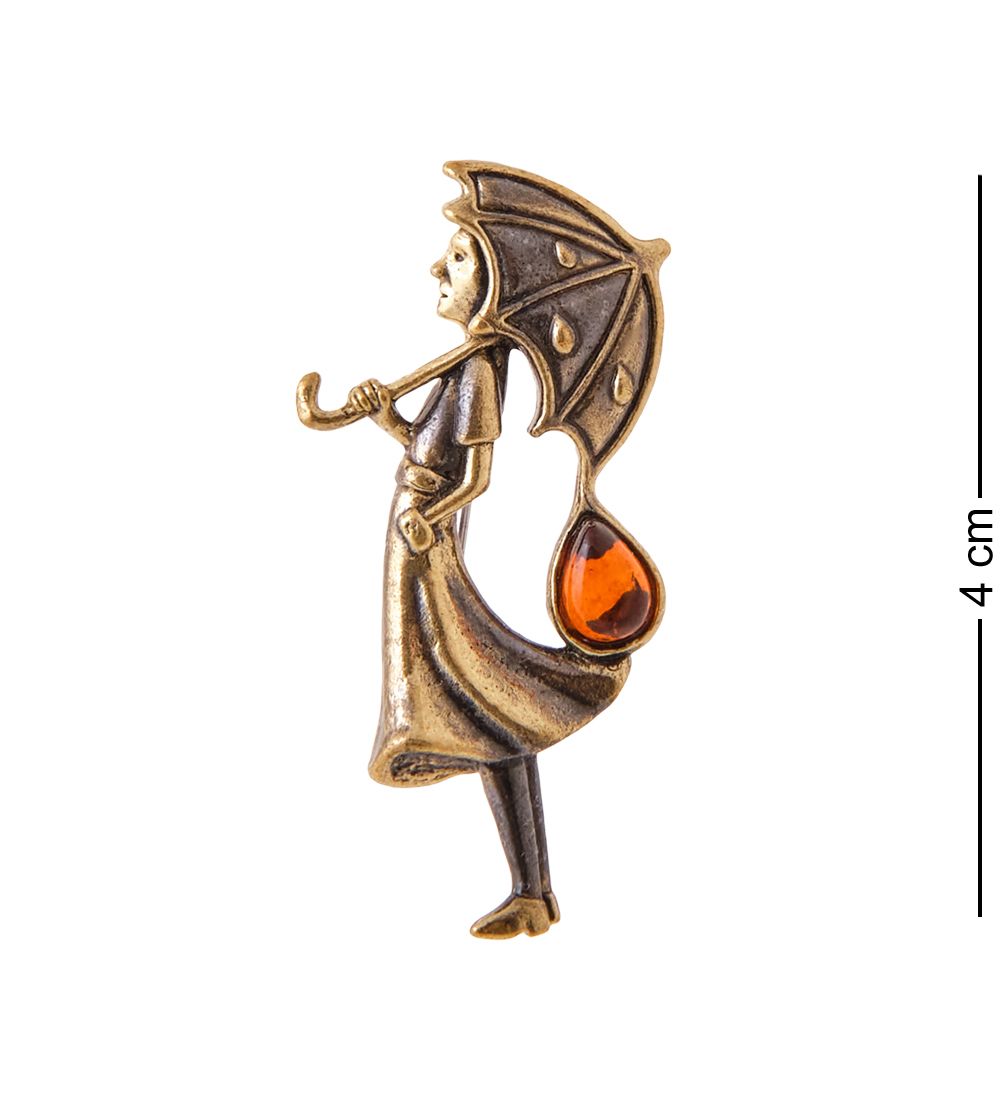 AM-3428 Брошь «Девочка под дождём» (латунь, янтарь)