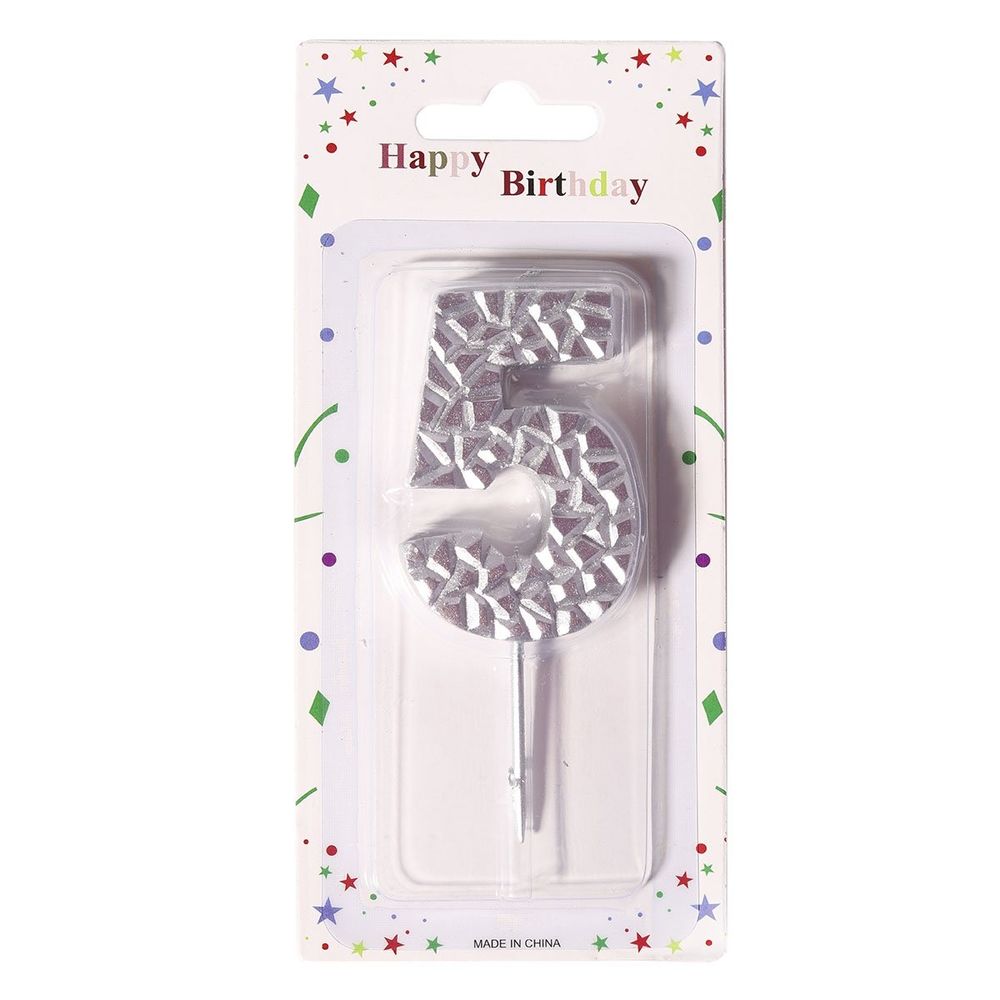 Свеча для торта Alingar, 5-6 см, на пике, "Цифра 5", цвет серебро, блистер с европодвесом