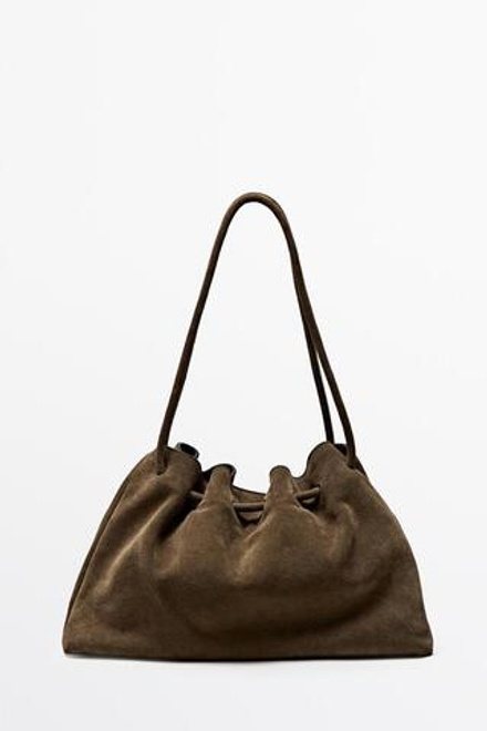 Massimo Dutti Кожаная сумка из замши со сборками, коричневый