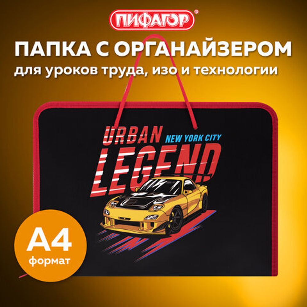 Папка для труда на молнии с ручками ПИФАГОР А4, 1 отделение, пластик, органайзер, "Street Legend", 271473