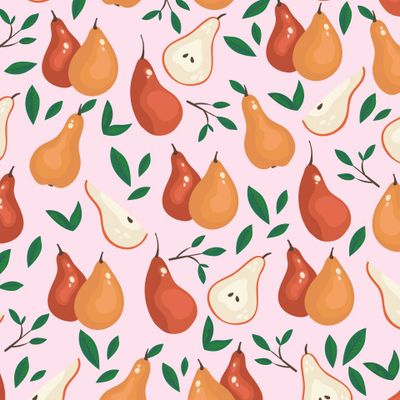 Груши с листьями на розовом фоне