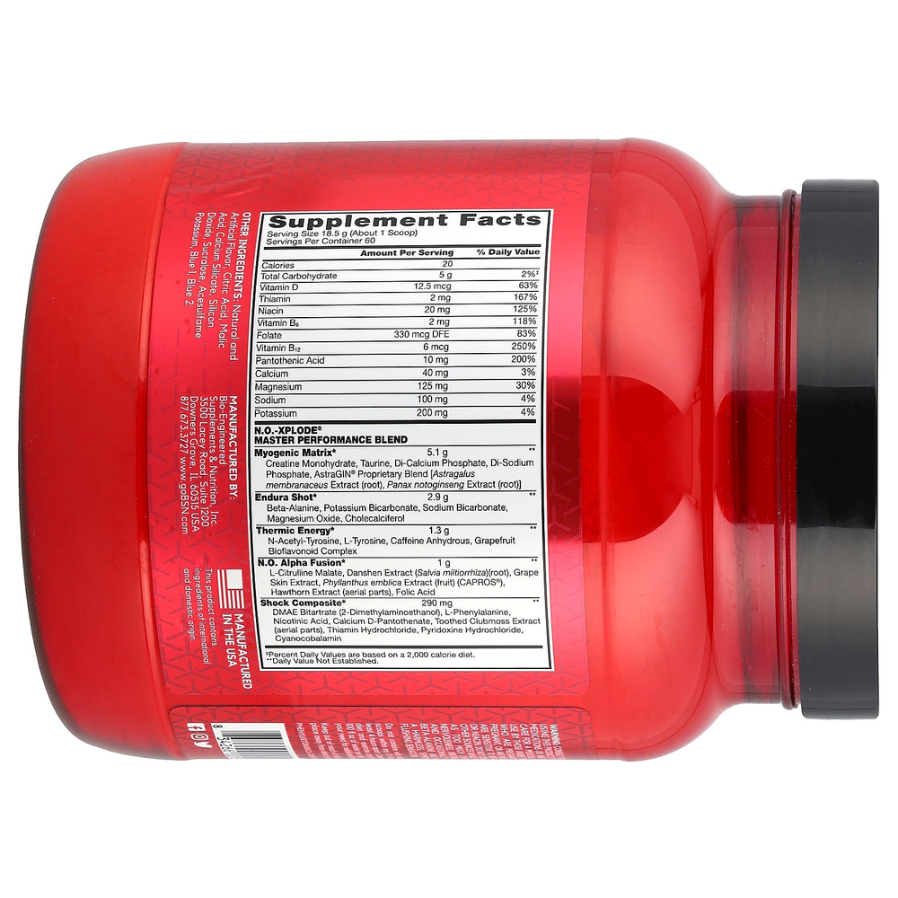 BSN, N.O.-Xplode, предтренировочный комплекс для повышения продуктивности, голубая малина, 1,11 кг (2,45 фунта)