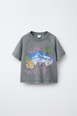 ZARA ФУТБОЛКА С ПРИНТОМ «СЕРФИНГ», АНТРАЦИТОВО-СЕРЫЙ