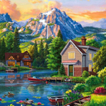 Алмазная мозаика 20х20см. "Домик у пруда в горах" квадратная с полн.заполнен.на подрам. (24 цв.) (Ар