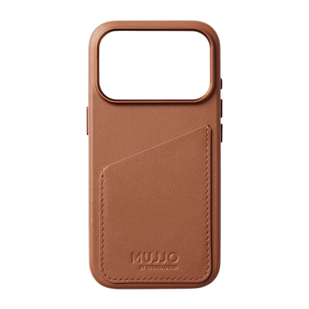 Кожаный чехол MagSafe с картхолдером Mujjo Full Leather Wallet Case для iPhone 17 Pro Чехол из натуральной телячьей велюровой цельнозерновой кожи с мелкозернистой фактурой и сенсорной накладкой для Контроллера камеры. Есть встроенный картхолдер — вмещает