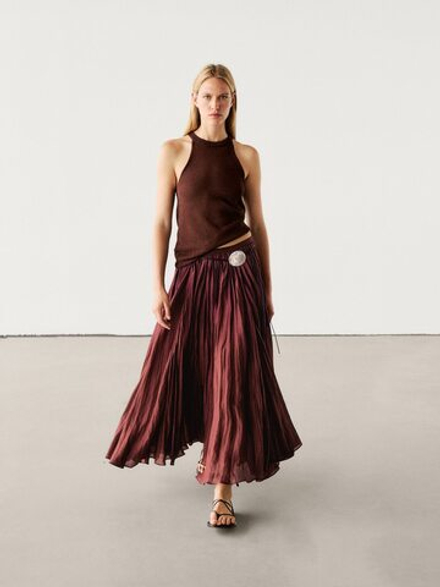 Massimo Dutti Трикотажный топ с горловиной халтер и деталями в рубчик, гранатовый