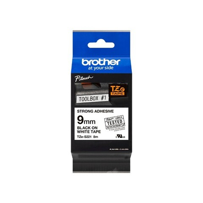 Brother TZES-221 кассета с лентой для печати наклеек повышенной адгезии, чёрный шрифт на белой основе, 9мм*8м