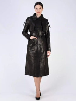 Кожаный тренч длинный с поясом плащ на осень
