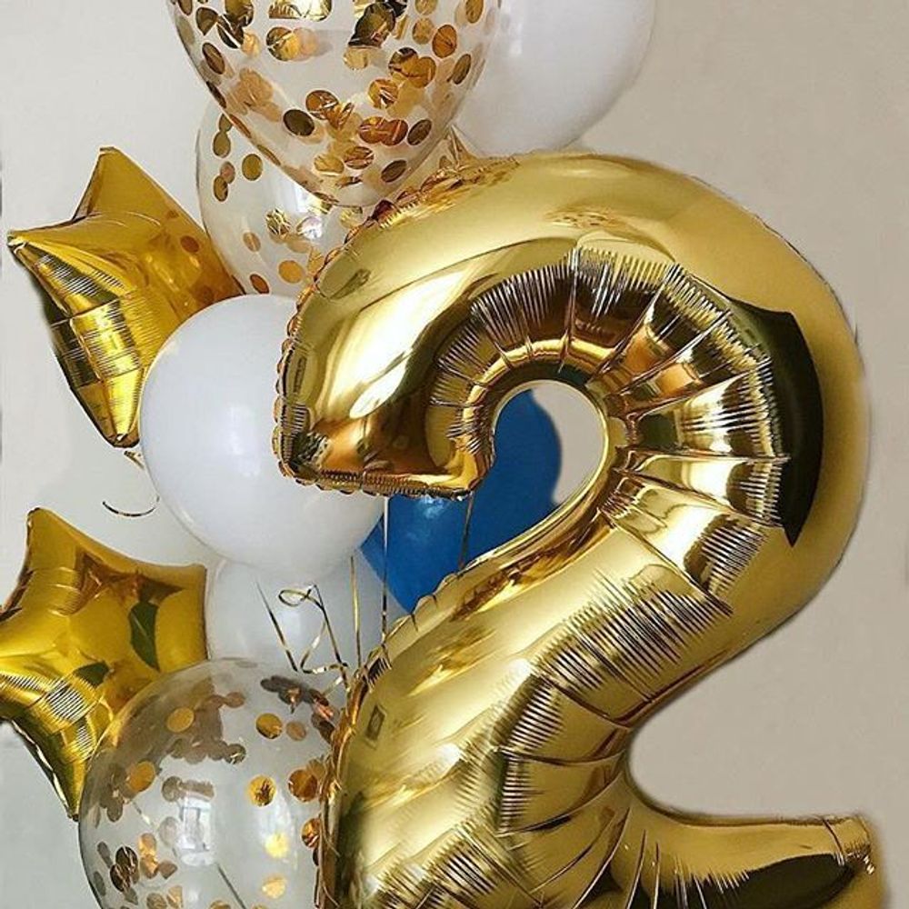 Шар (40"/102 см) Цифра, 2, Золото, 1 шт. в упак.