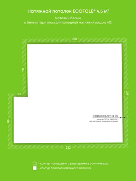 Матовый натяжной потолок 4.5 м2