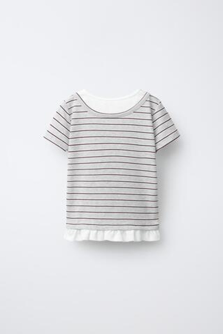 ZARA ФУТБОЛКА В ПОЛОСКУ С ДВОЙНЫМ ВОРОТНИКОМ, СЕРЫЙ МЕЛАНЖ