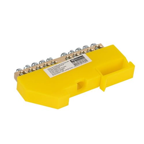 Шина нулевая 10 отверстий, изолятор на DIN-рейку желтый, 6х9 мм