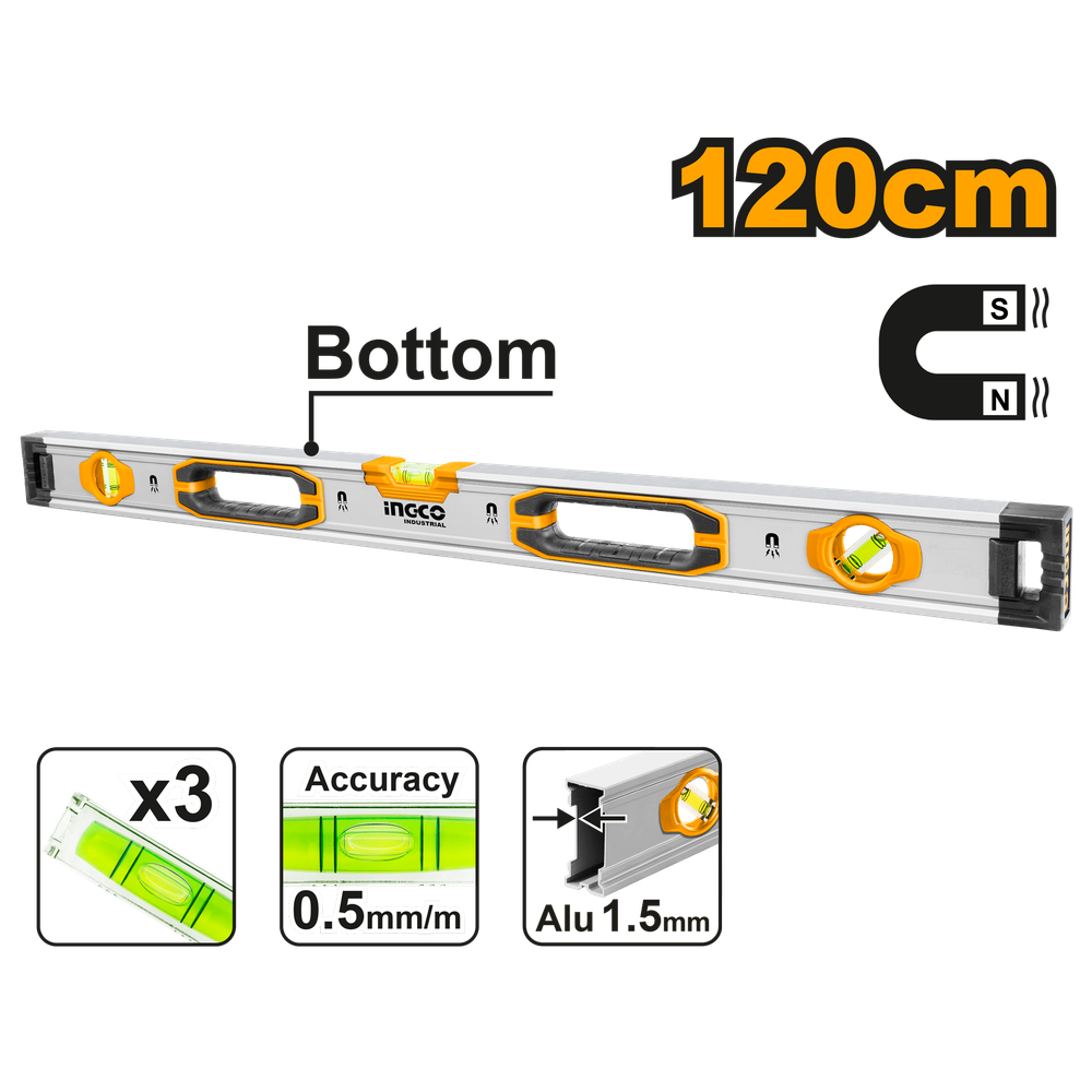 Строительный алюминиевый уровень магнитный INGCO HSL38120M INDUSTRIAL 120 см