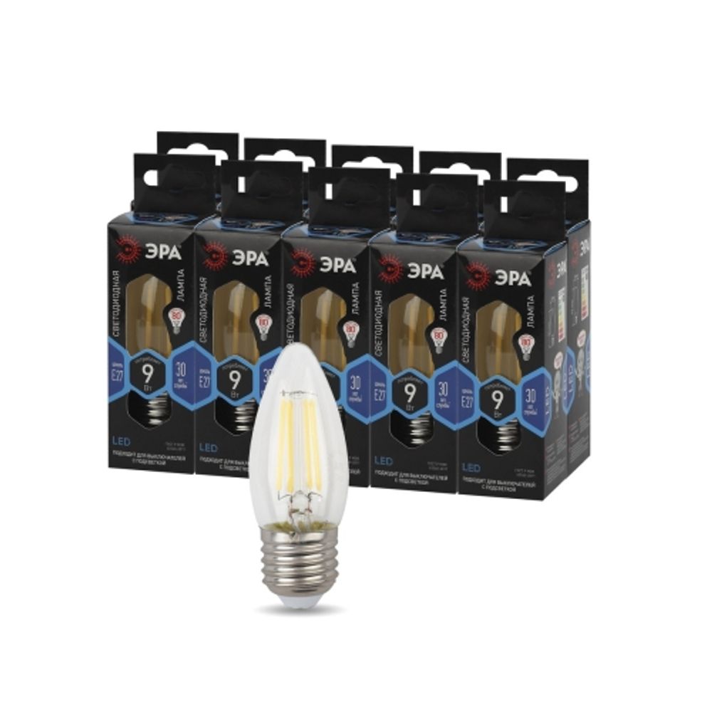 Лампа светодиодная ЭРА F-LED B35-9w-840-E27 9Вт филамент свеча нейтральный белый свет Е27