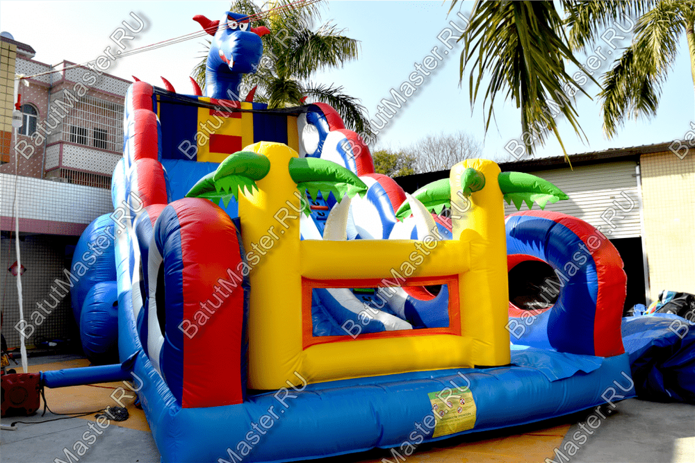 Коммерческий надувной батут-горка "Дракон" 10*5*8 м,без шипов сине-белый