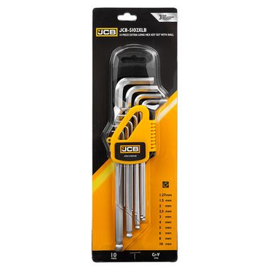 Ключи Г-образные 6-гранные экстра длинные с шаром, набор 10пр. (1.27, 1.5, 2, 2.5, 3-6, 8, 10мм) JCB JCB-5102XLB